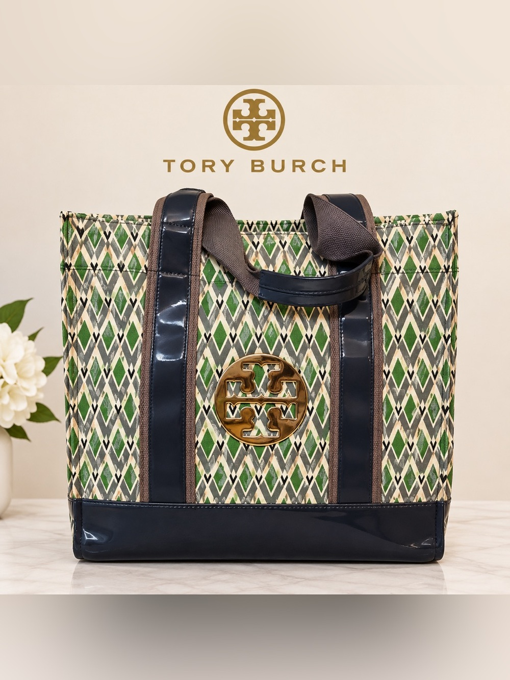 Tory Burch EUC Geo Logo Canvas Tote - Green